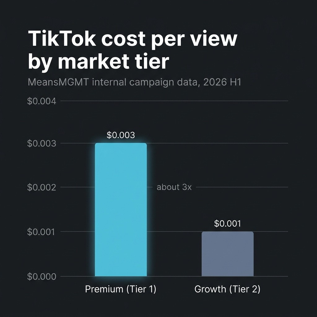 Bar chart: TikTok cost per view by market tier, premium versus growth