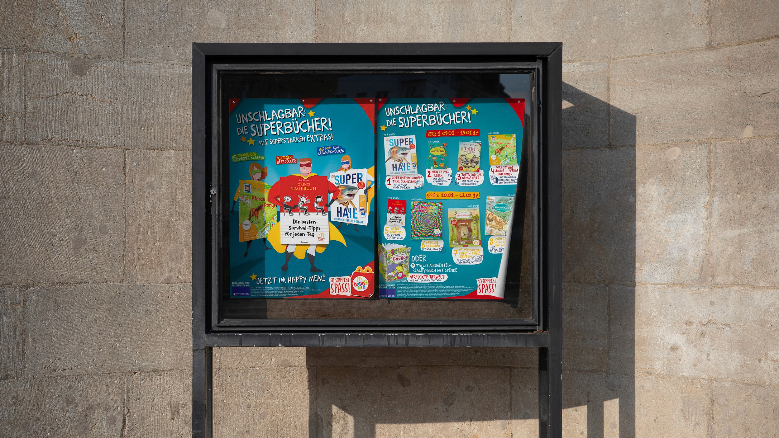 Outdoor campaign promoting the Superbücher Happy Meal collection and encouraging children to discover reading.