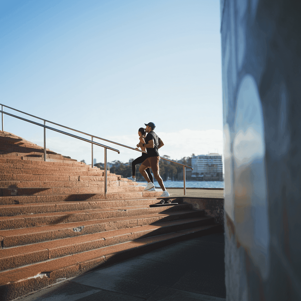 Zwei Jogger joggen eine Treppe dynamisch am Wasser hinauf