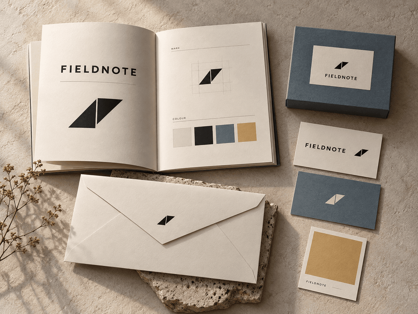 A coordinated Fieldnote identity with stationery, brand guidelines, and packaging