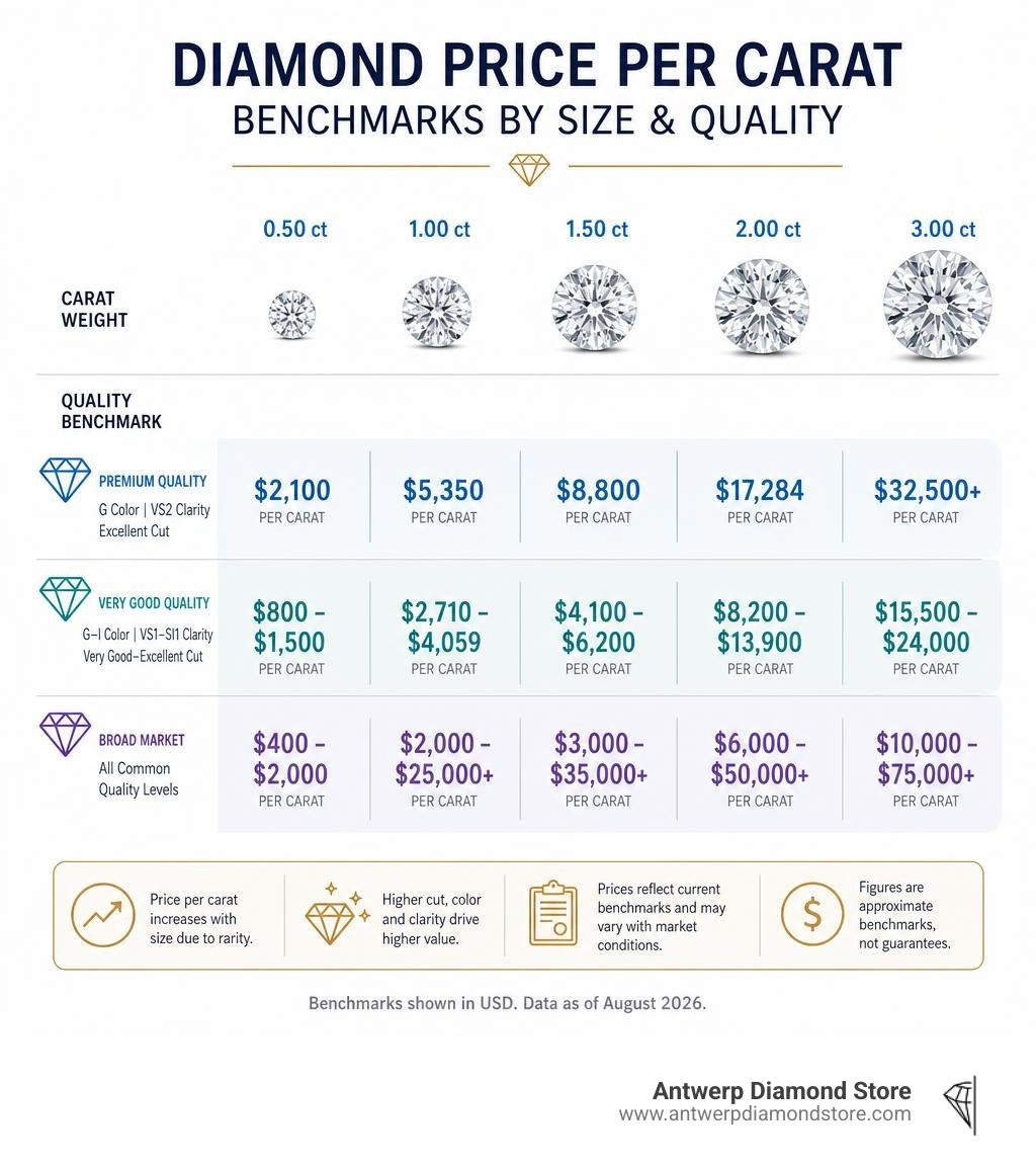 Diamond price per carat benchmarks by size and quality infographic