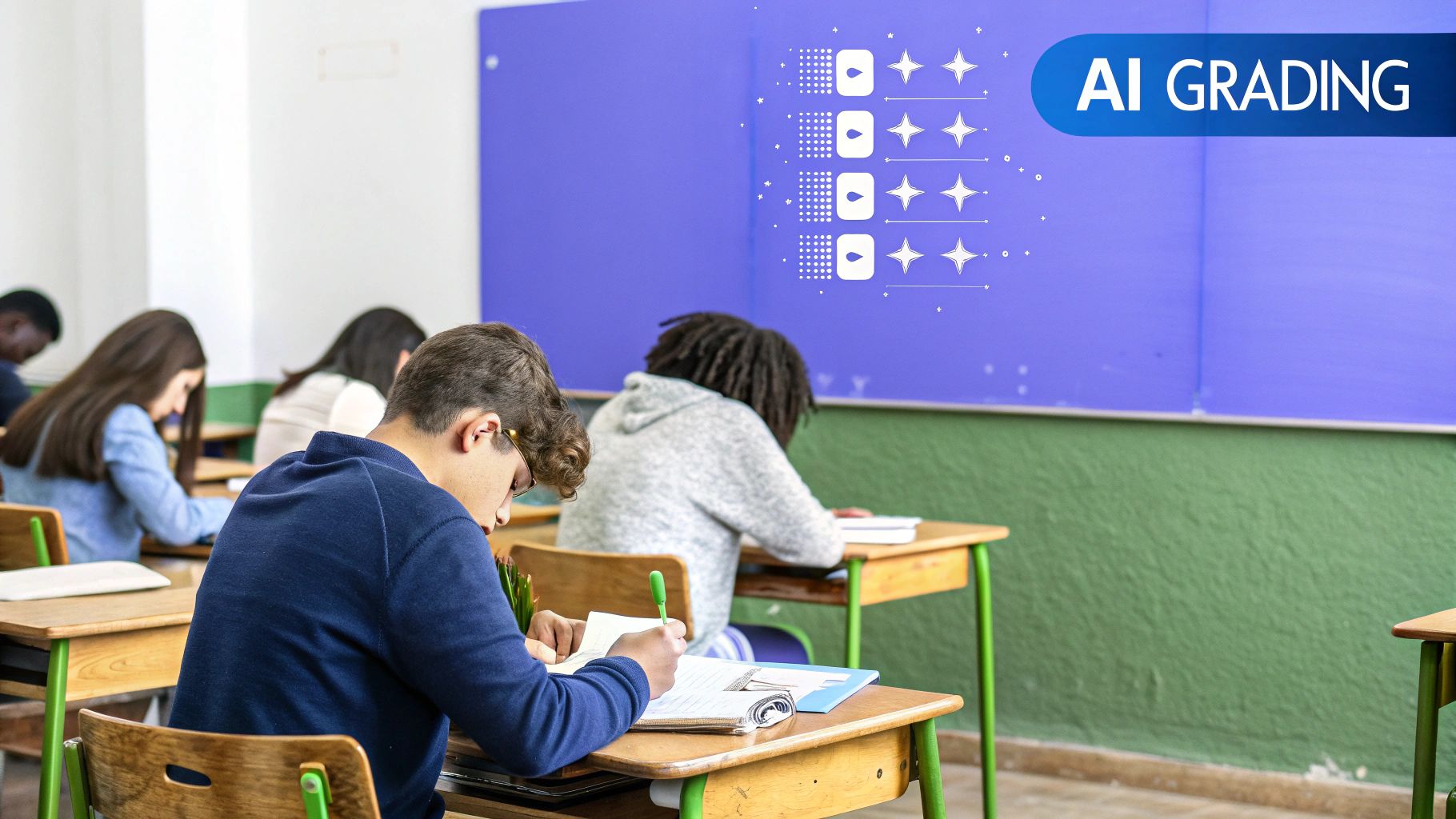 A futuristic image of a teacher interacting with a holographic interface showing student data and AI feedback suggestions.