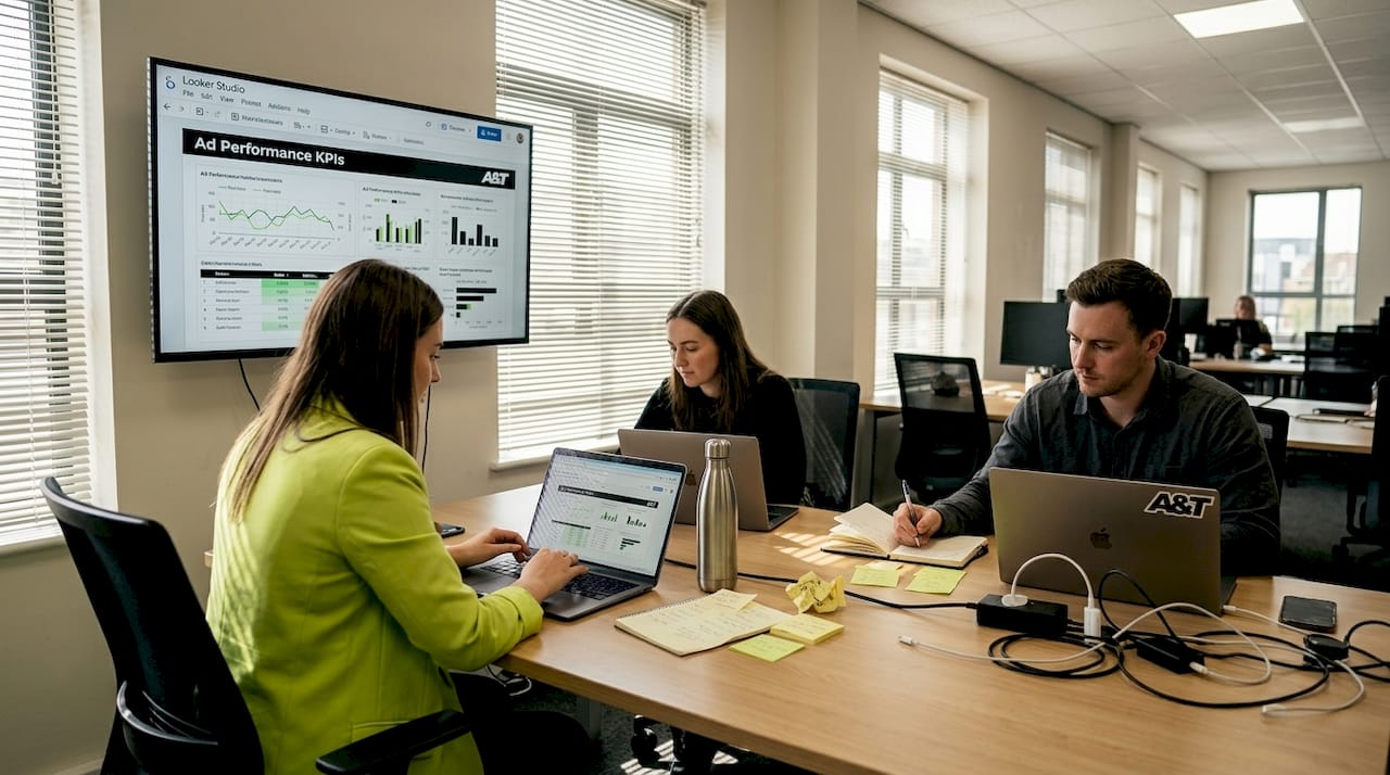 Team reviews digital ad performance dashboard together