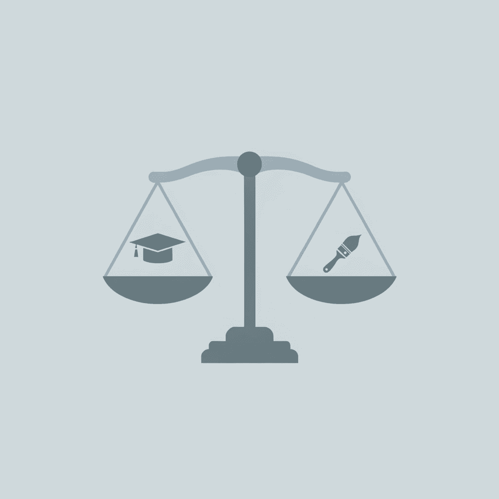 Balance scale comparing academic metrics on one side with portfolio and artistic strengths on the other
