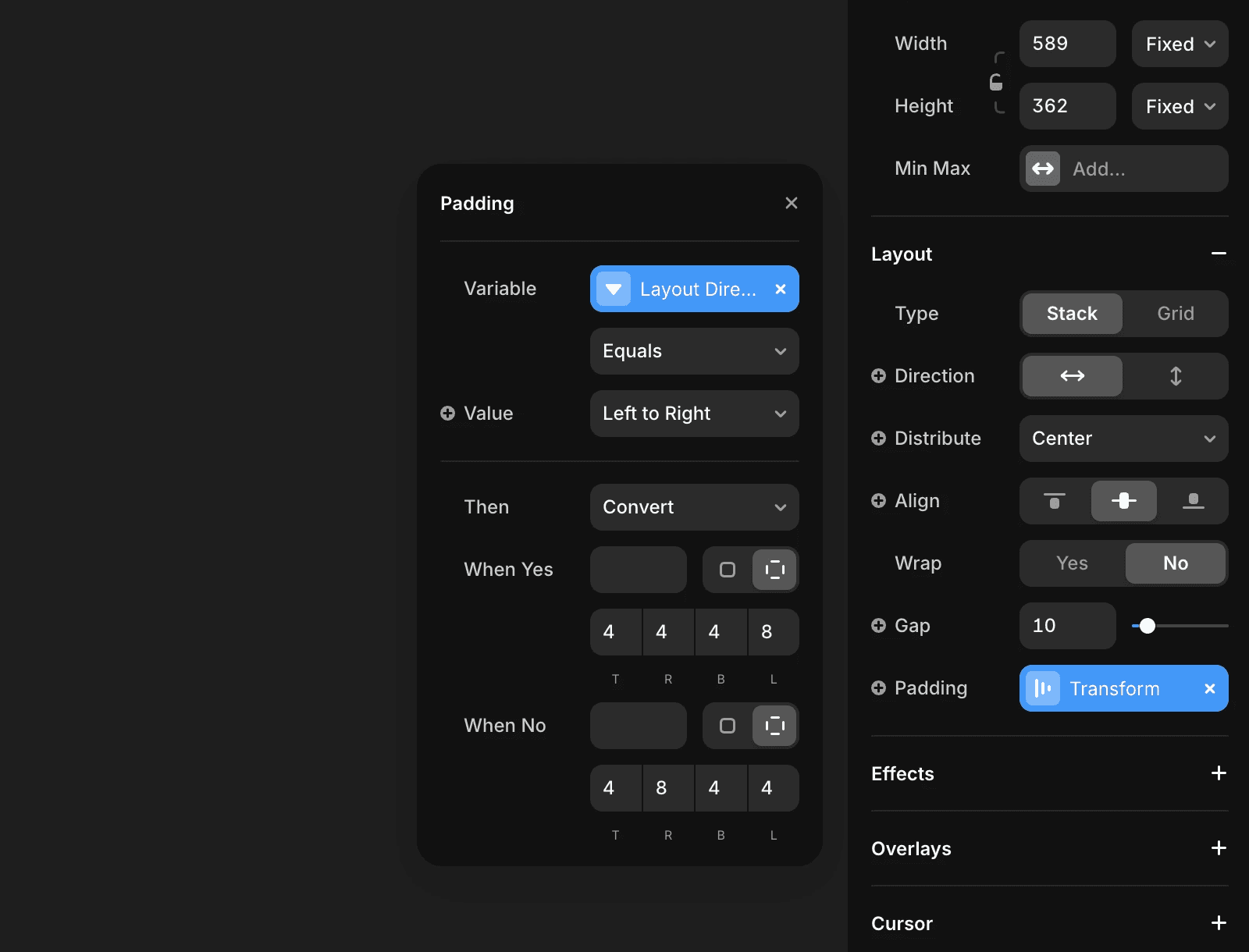 Framer padding settings panel showing a layout-direction variable that conditionally swaps top, right, bottom, and left padding values when the layout direction is left-to-right or right-to-left.