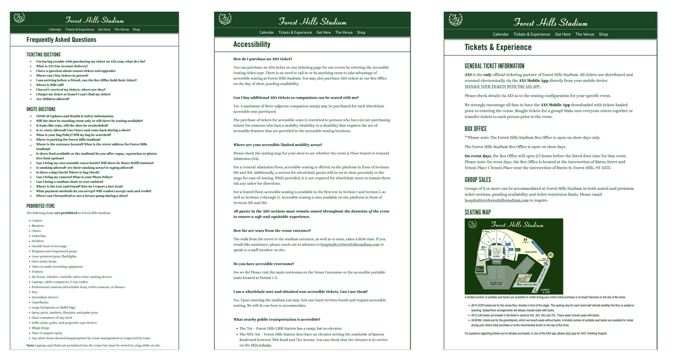 FHS faq, accessibility and Tickets & Experience screens.