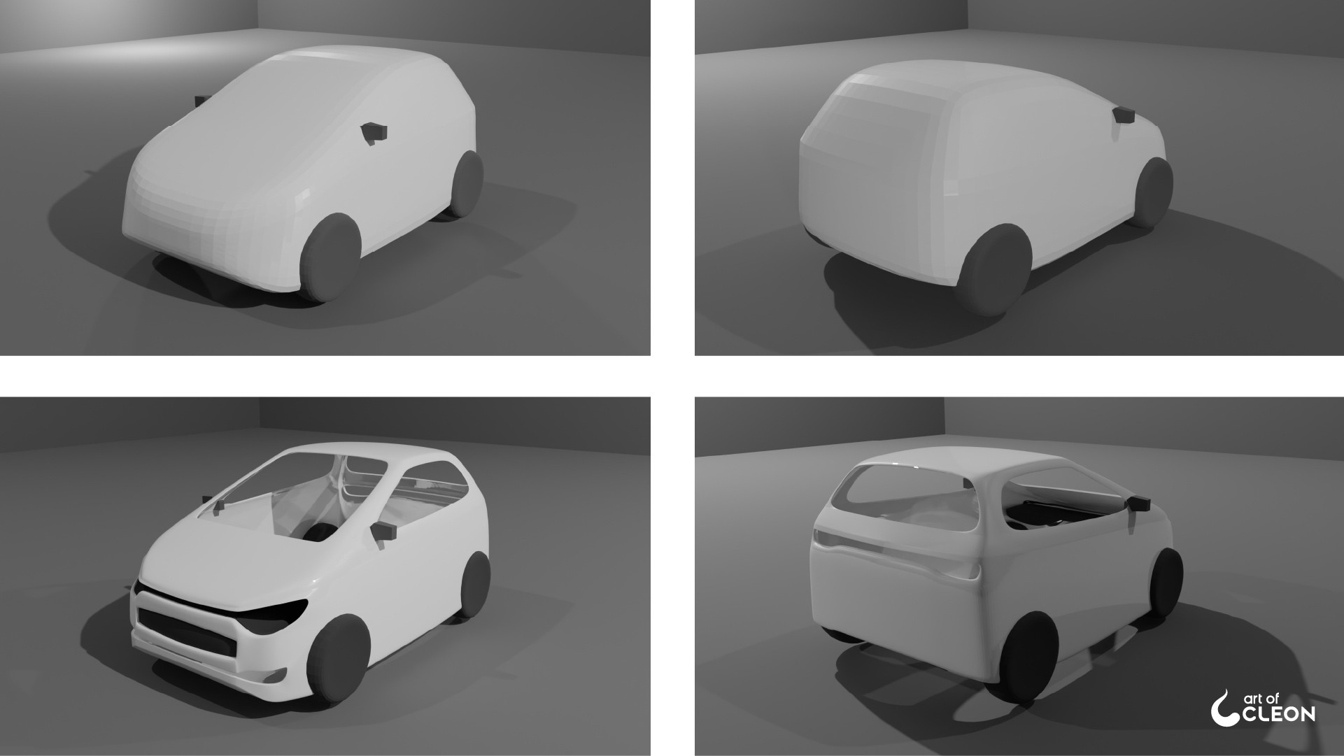 Four stages of the JAD 3 model progressing from a simple vehicle blockout to defined exterior panels.