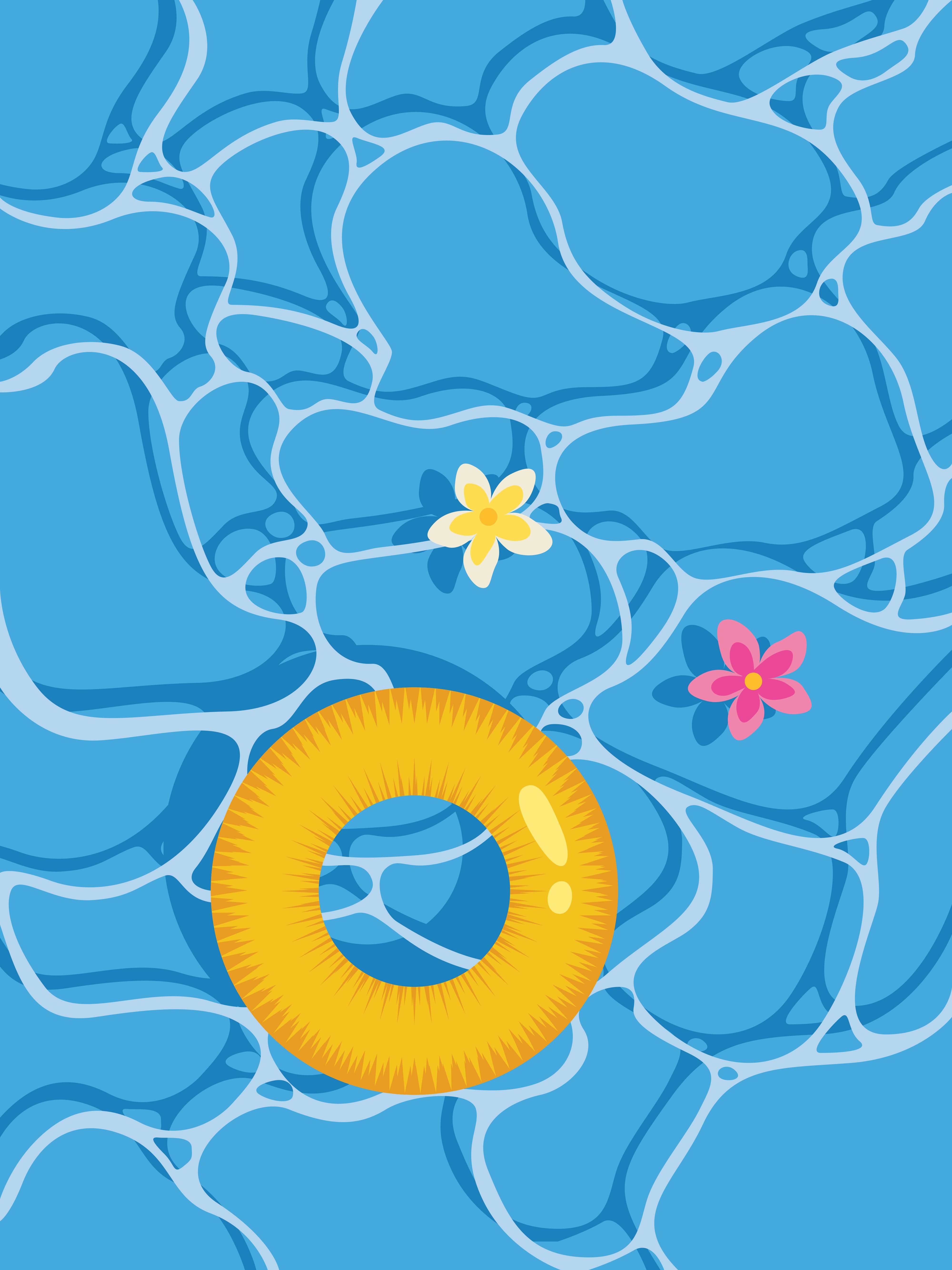 Top view of a blue swimming pool with a yellow swim ring and tropical flowers