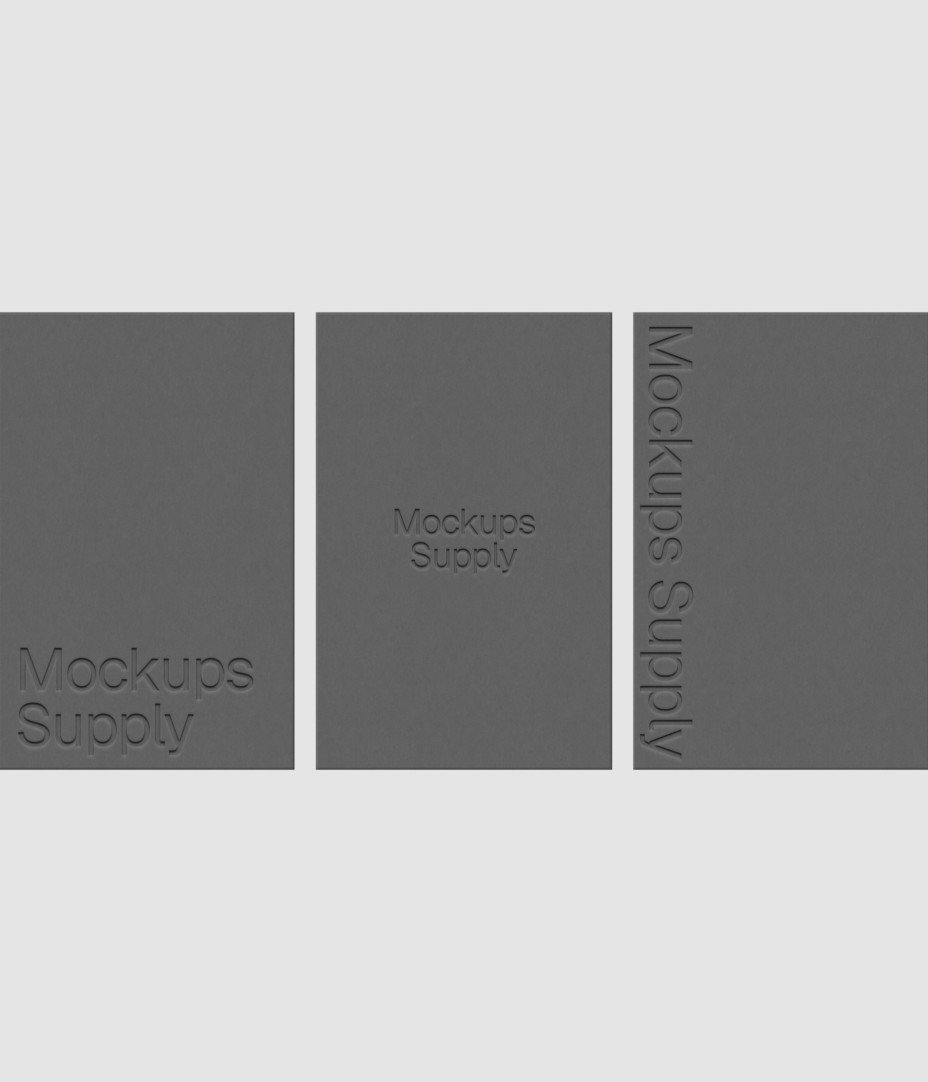 Three European business cards mockup PSD with debossed logo effect, gray cards on white background, clean modern stationery mockup for brand identity