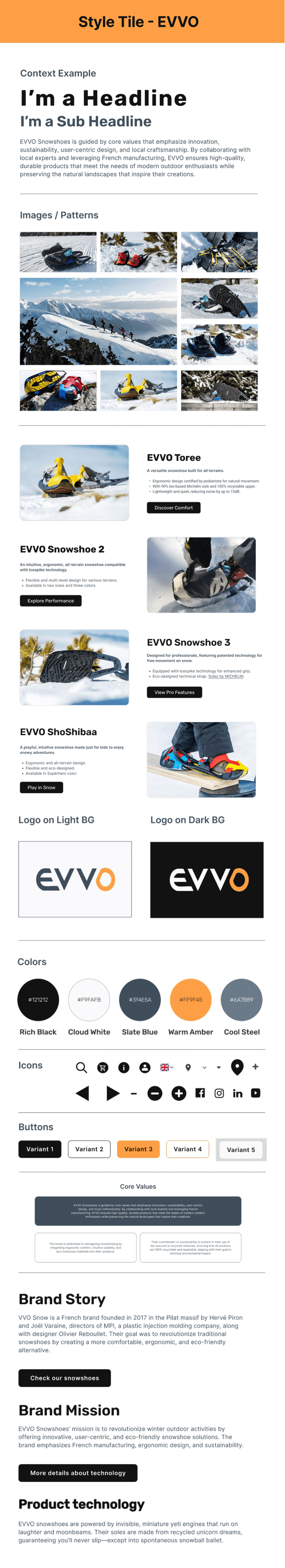EVVO brand style tile including font samples, logo on light and dark backgrounds, color palette with swatches and hex codes, custom icons, and example buttons. The left side showcases editorial headlines, snowy product images, snowshoe model cards, and a summary of brand story, mission, and product technology. Core brand values and messaging are featured at the bottom.