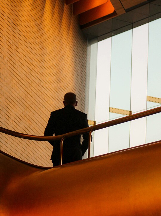 Back of a man standing on top of a staircase in a professional setting