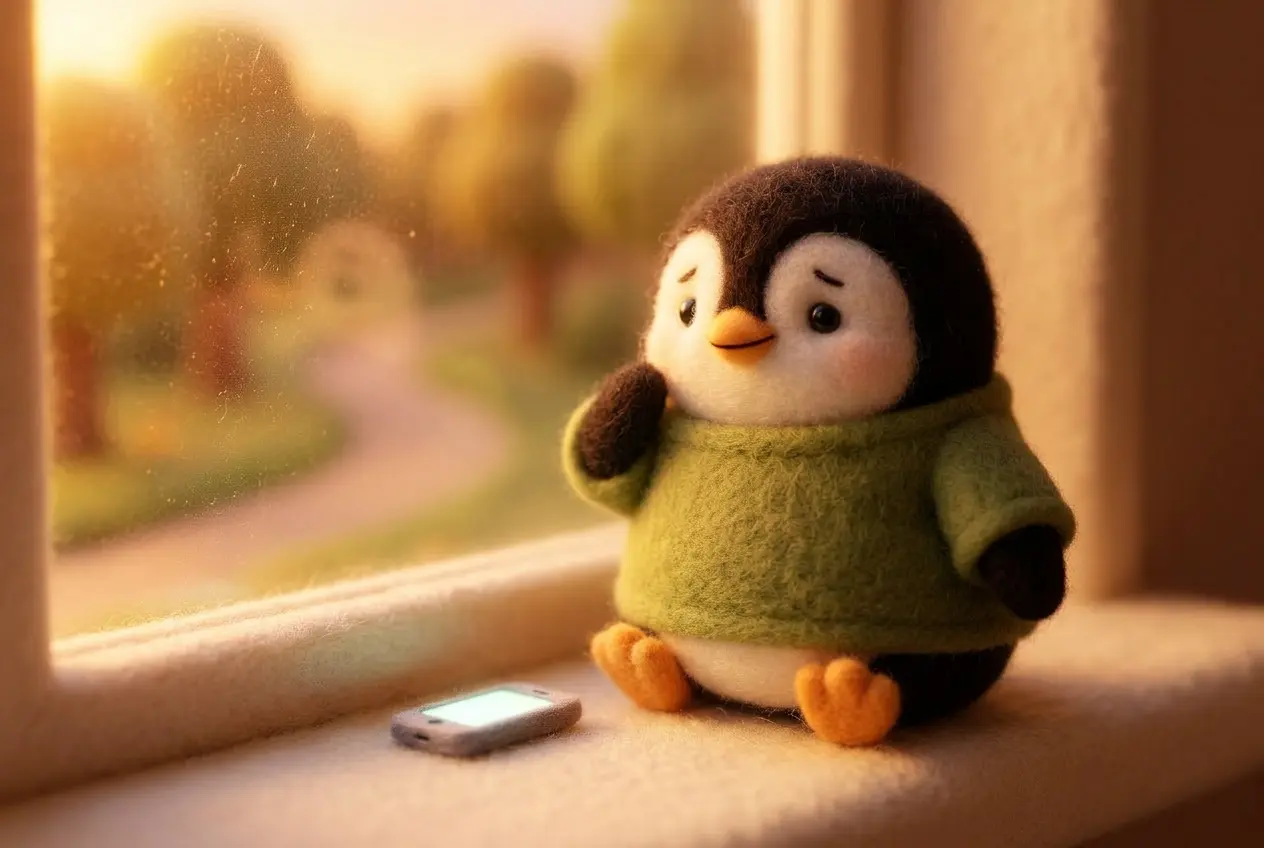 A wool felt penguin in a green t-shirt sitting on a windowsill looking out at a distant running path in golden sunset light