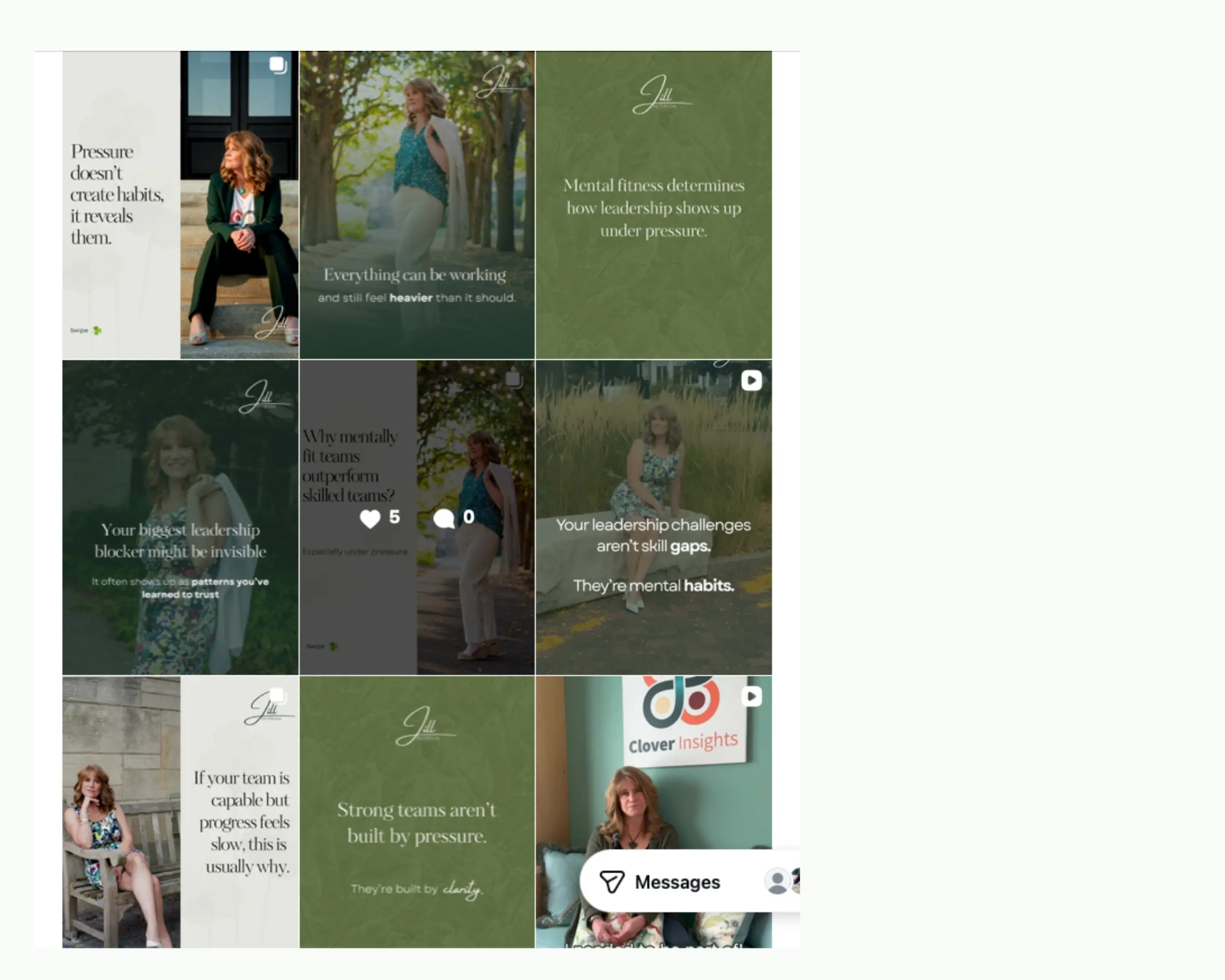 Jill Peterson leadership coaching social media grid on mental fitness and team habits.