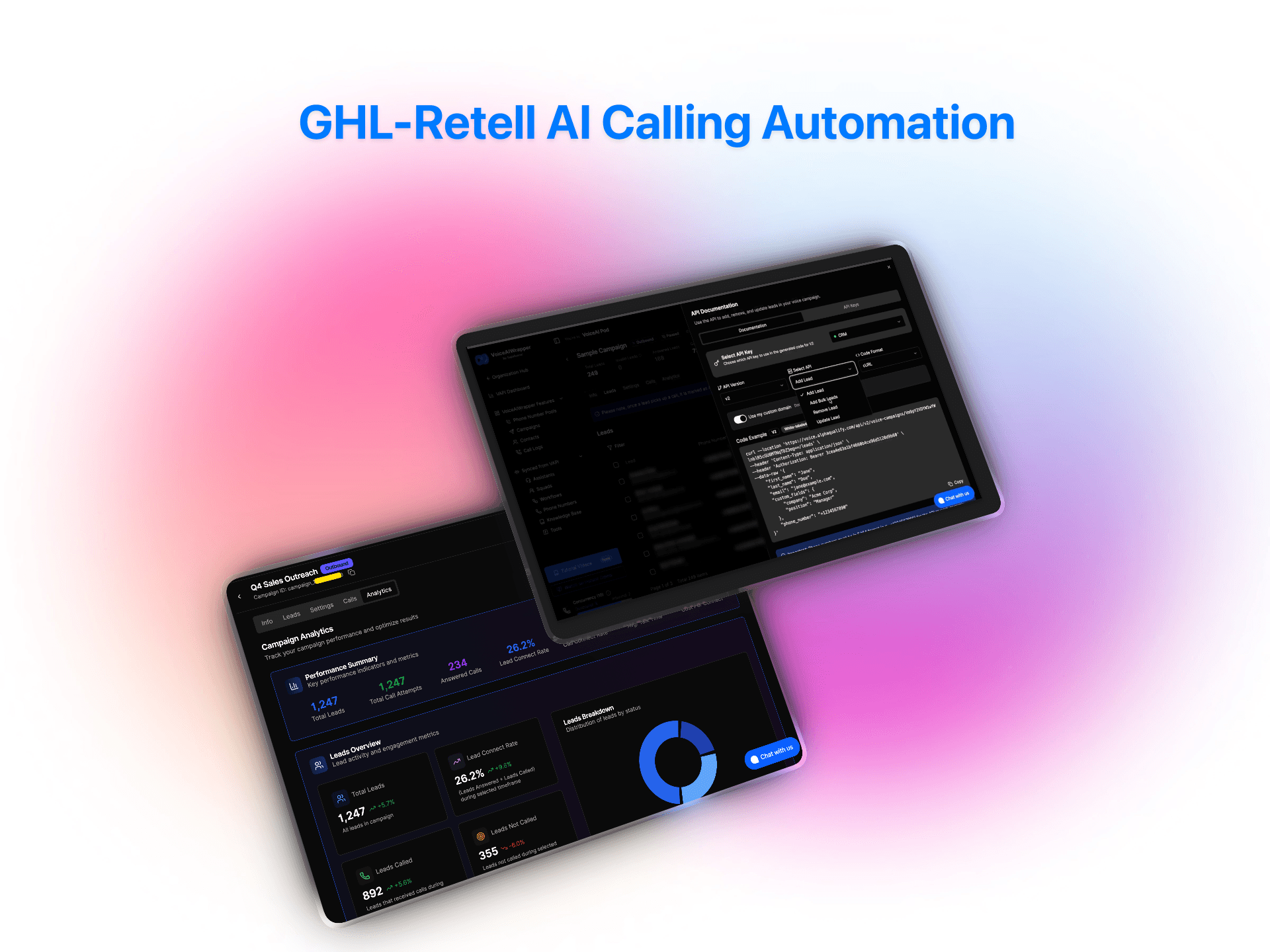 GHL-Retell AI calling automation platform showing campaign analytics dashboard with lead metrics and API configuration interface | VoiceAIWrapper