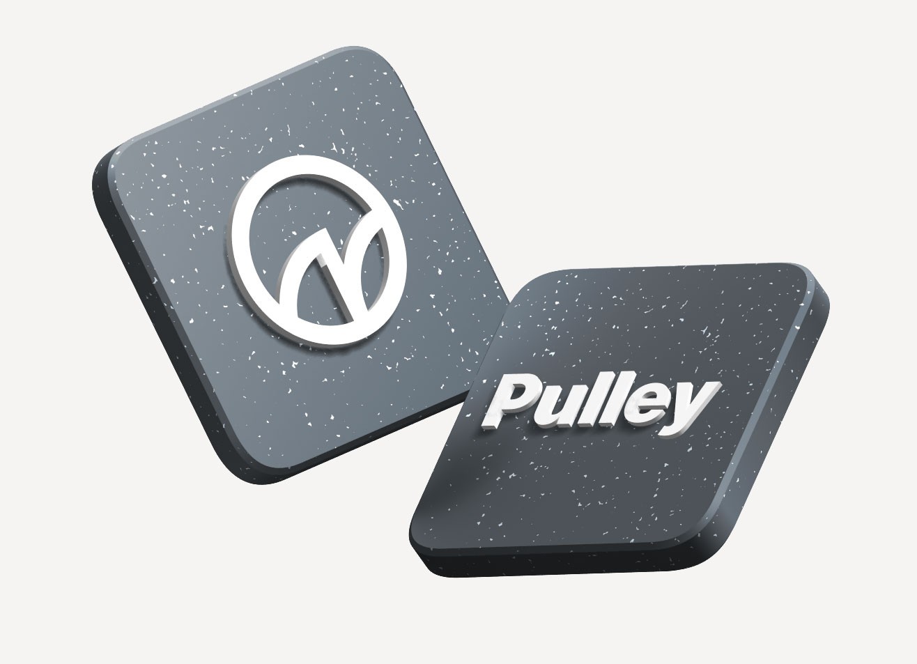 Two dark gray, speckled squares. One features a white "Mantle" logo, the other says "Pulley" in bold, conveying a modern, polished feel.