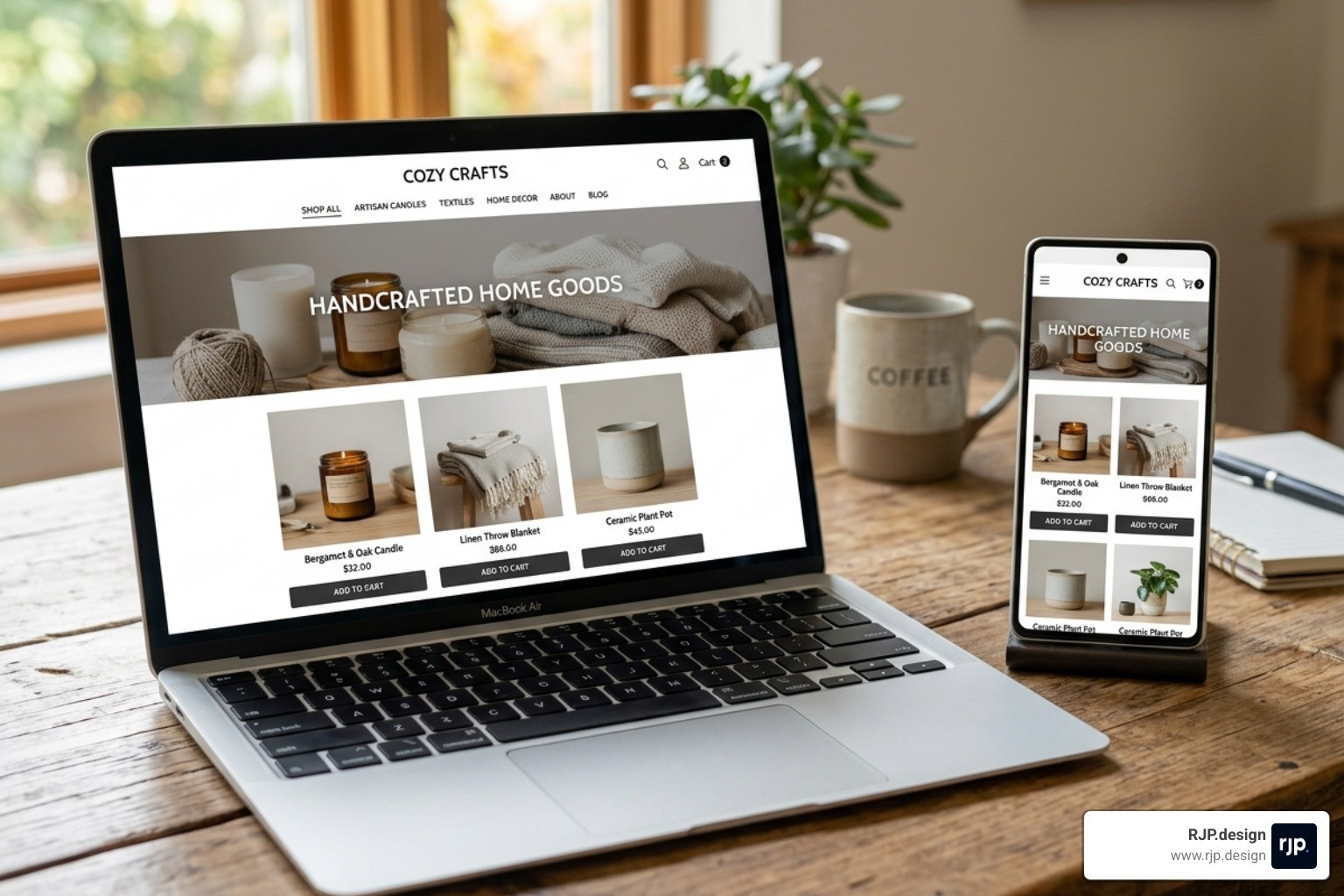 A mobile-responsive Shopify theme showing how the design adapts from desktop to a smartphone screen