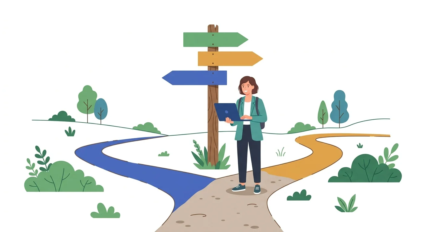 Illustration of a founder with a laptop at a crossroads signpost, choosing whether to persevere, iterate, or pivot after an MVP launch