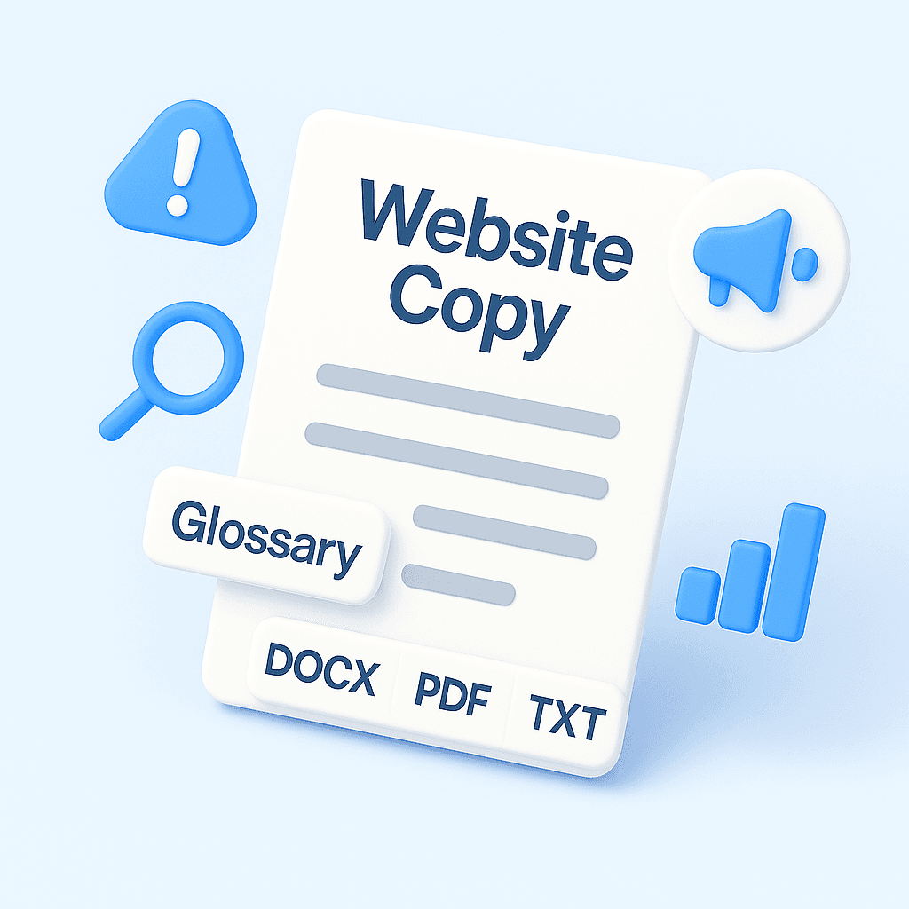 3D illustration of a document with text lines, surrounded by subtitle and style icons, representing the process of checking captions and exporting the final file.