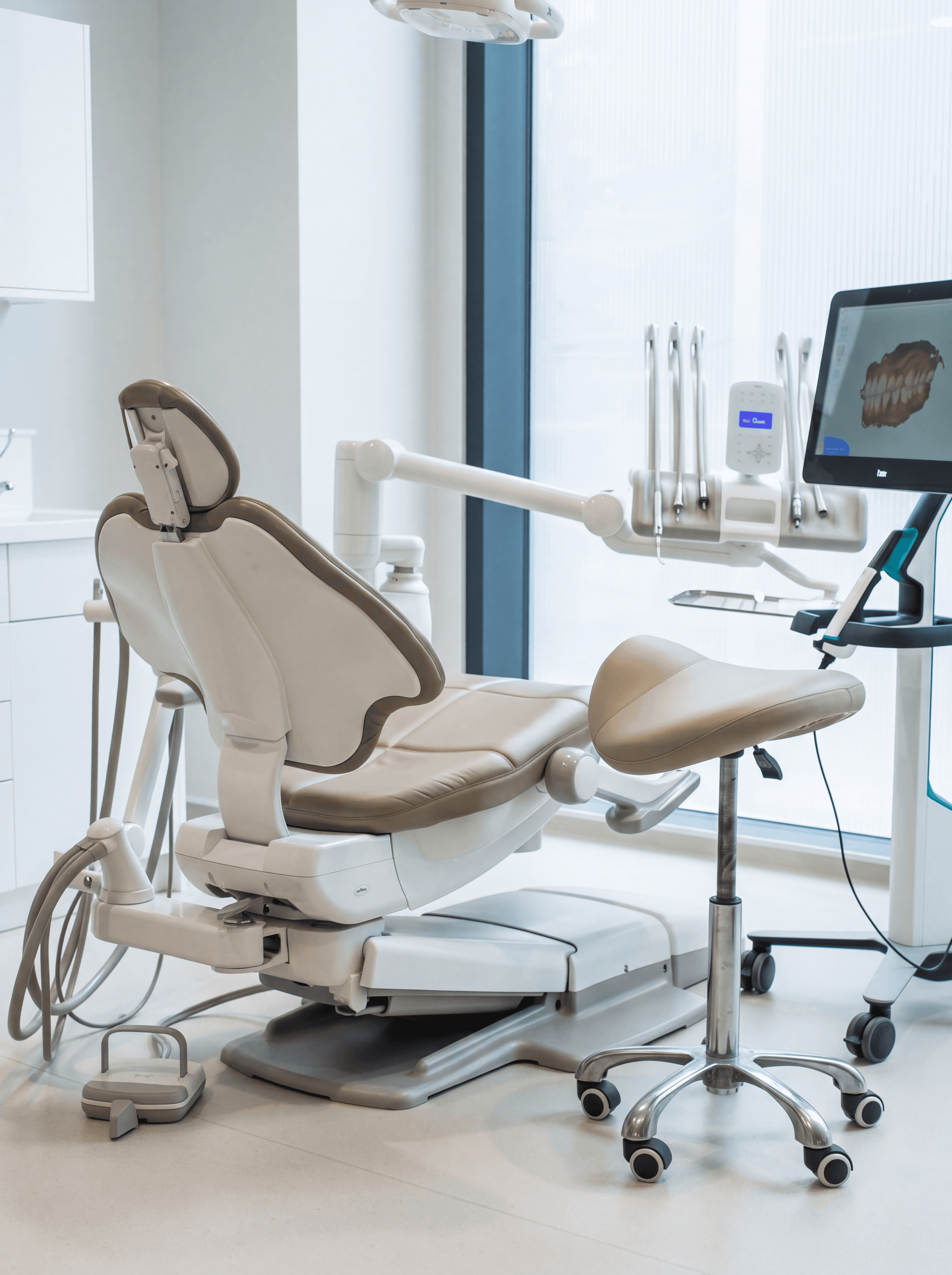 Close-up of dental tools and equipment arranged in a clinic setting