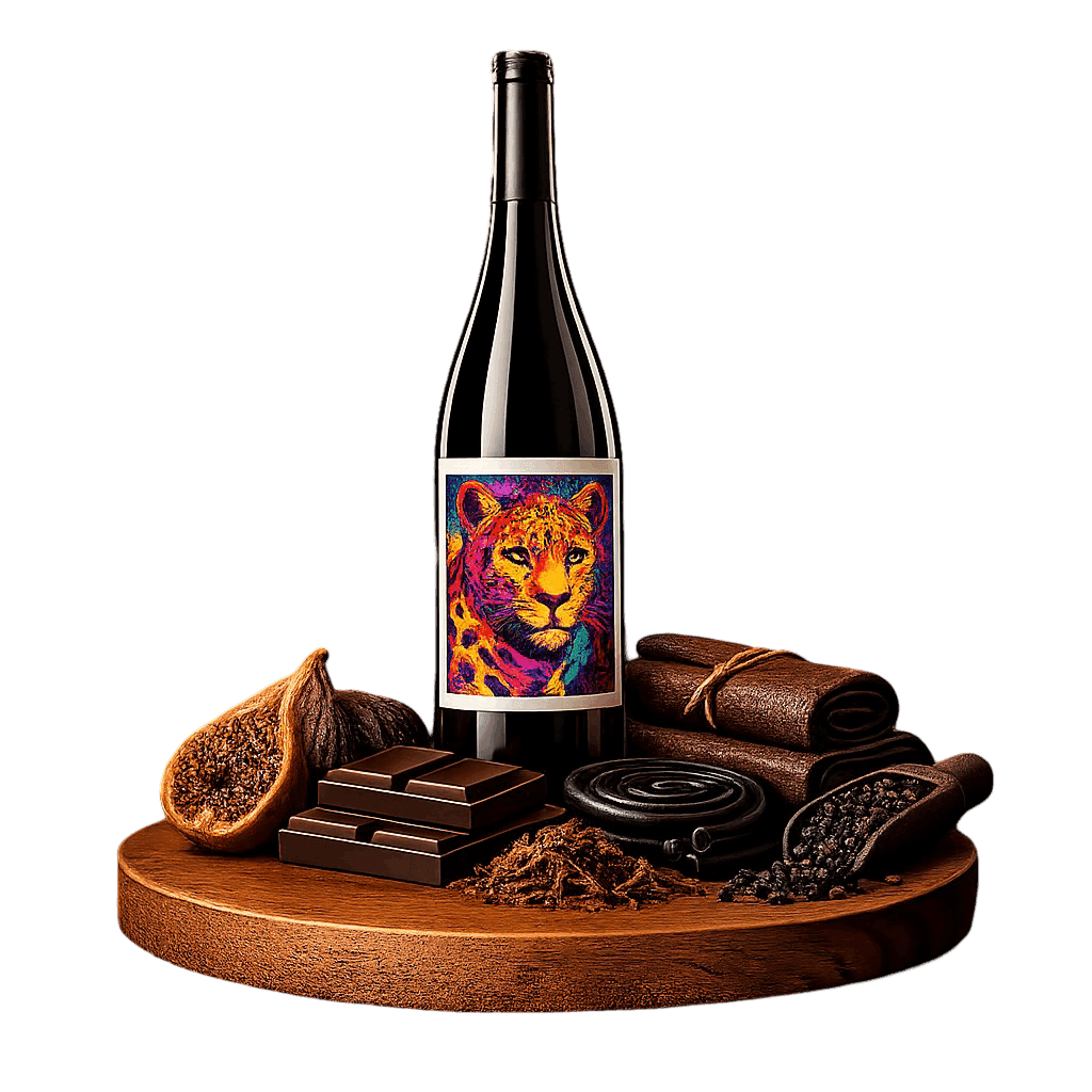 Artistic label and flavor profile for Anatolia Boğazkere on a rustic wooden table.