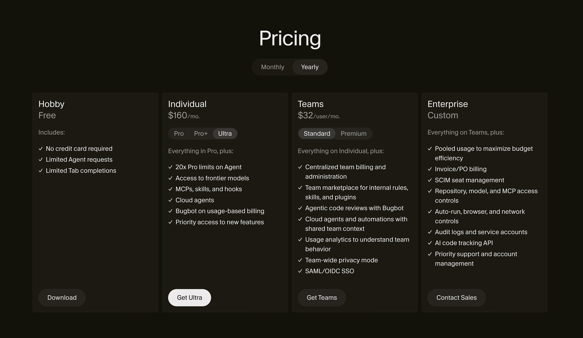 Pricing page of Cursor