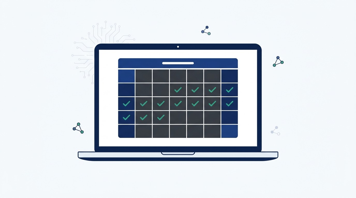 Illustration of a laptop showing a calendar grid filled with green checkmarks, symbolising a fully booked schedule of AI SaaS product demos.