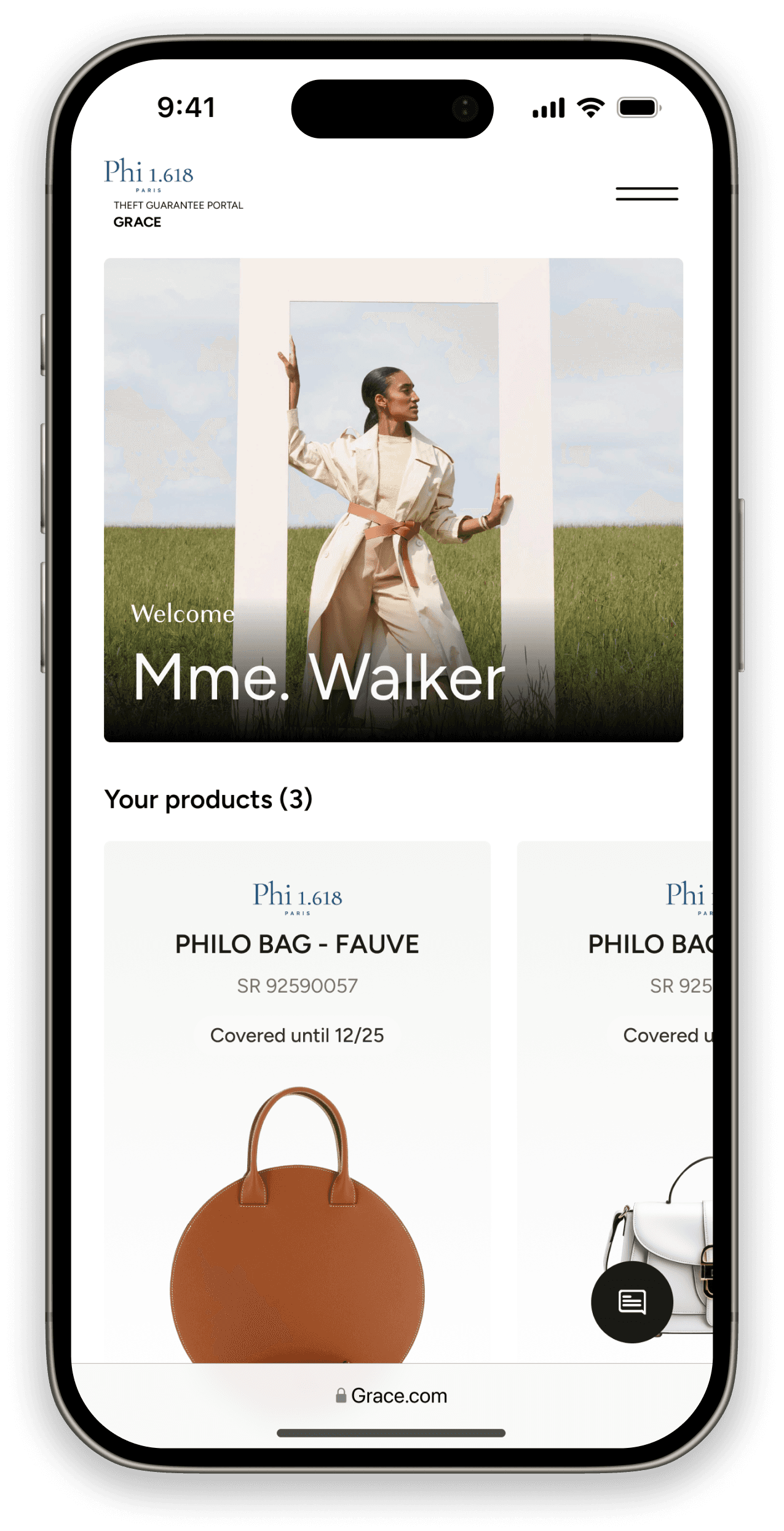 Interface mobile Phi 1.618 x GRACE affichant les produits assurés d'un client