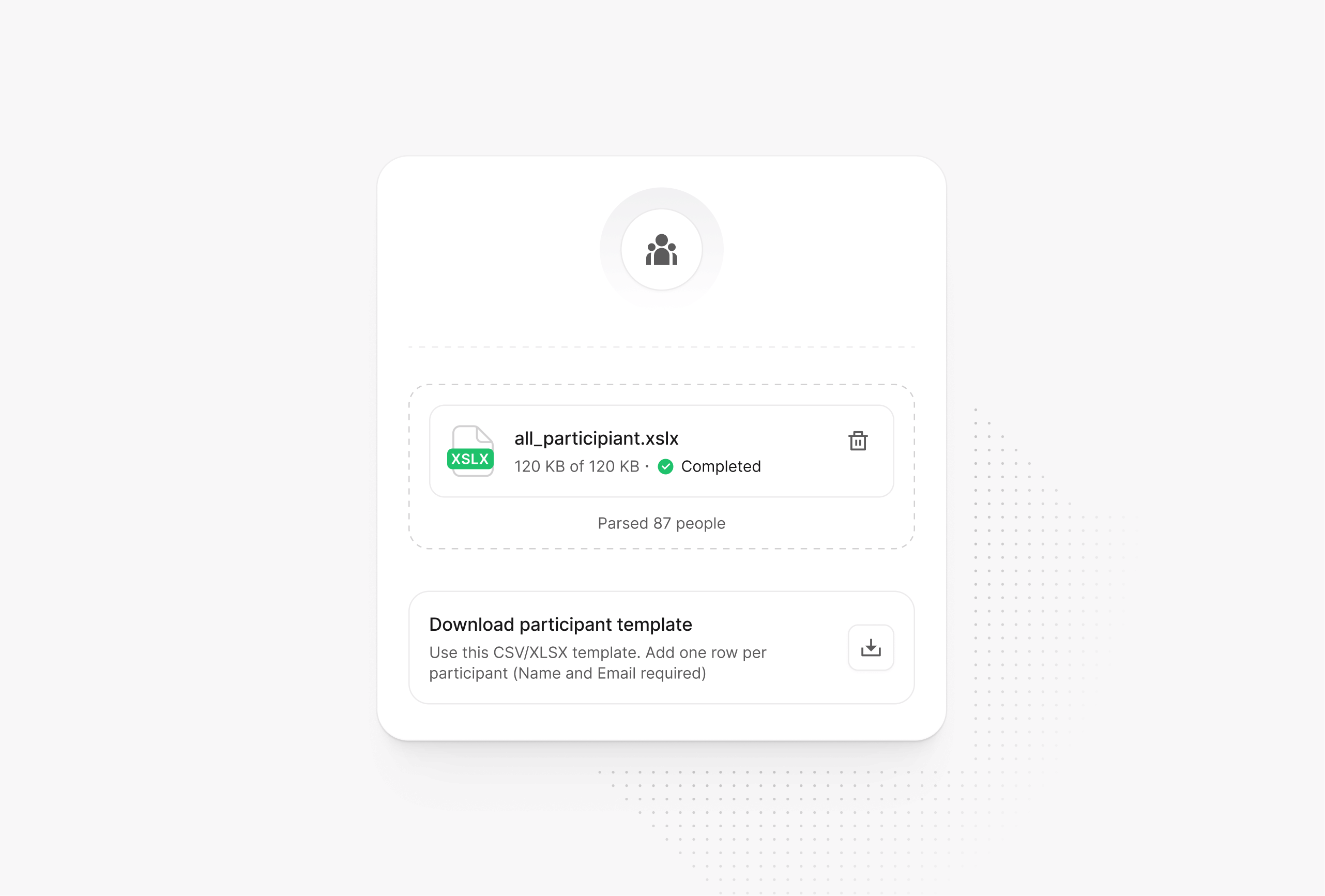 Participant pool screen showing an XLSX file upload completed, the number of people parsed, and a card to download a participant template.
