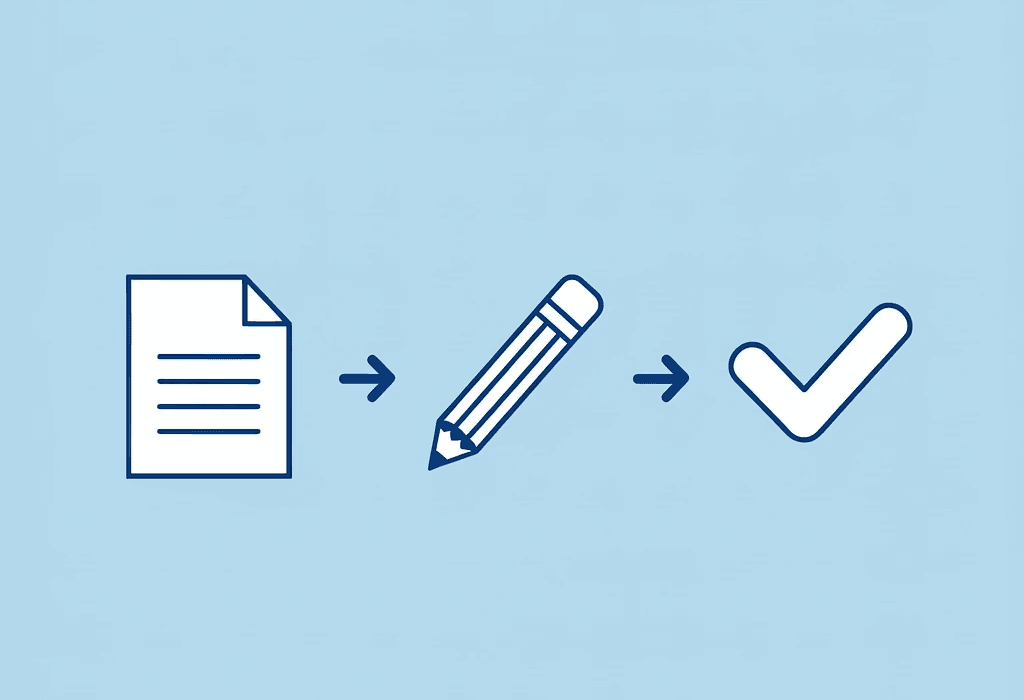 Three connected steps showing the planning phase leading to the writing phase, leading to fewer revisions