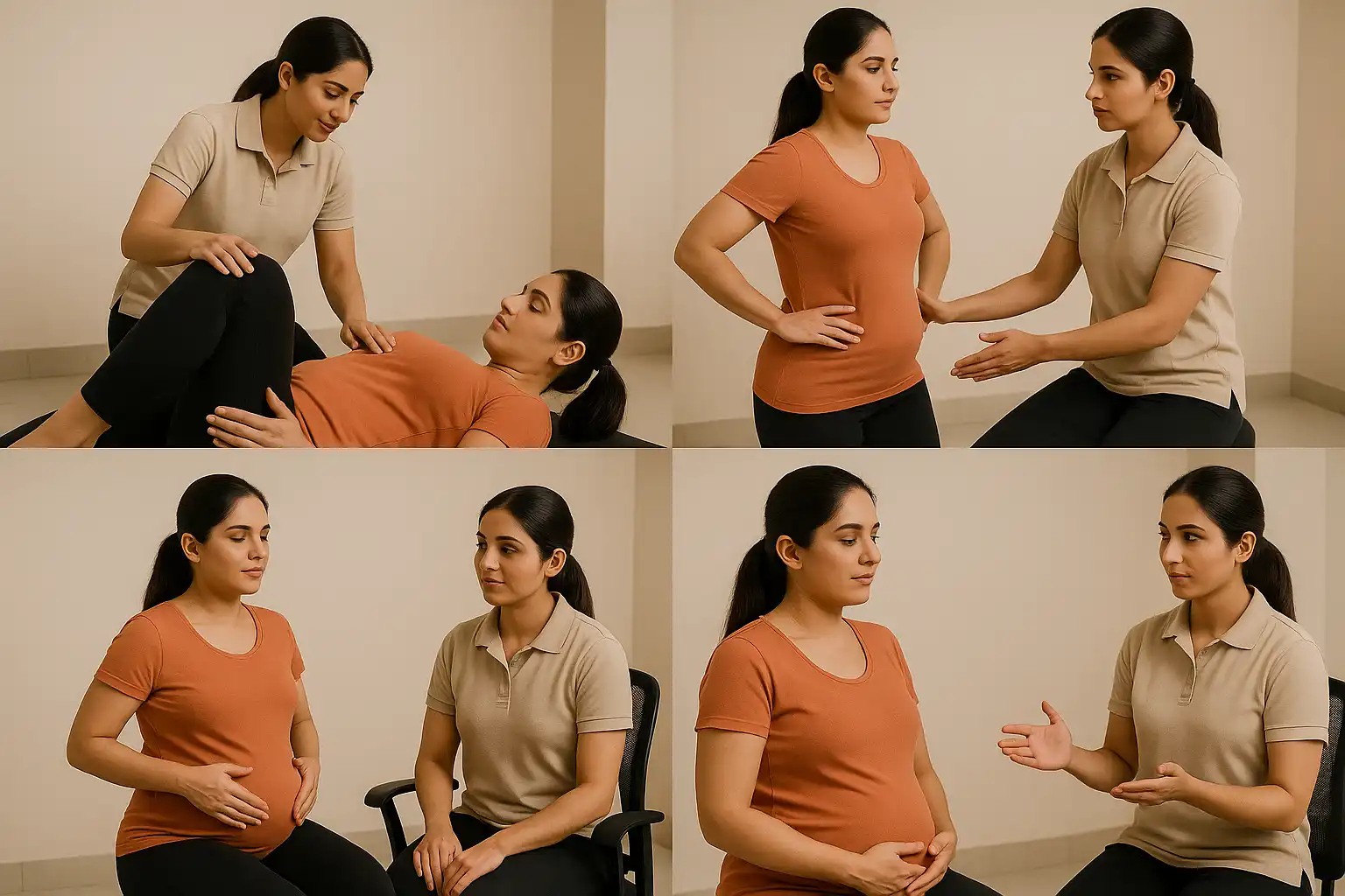 A four-image collage showing a physiotherapist guiding a pregnant woman through prenatal and postnatal exercises, posture correction, and breathing techniques during therapy.