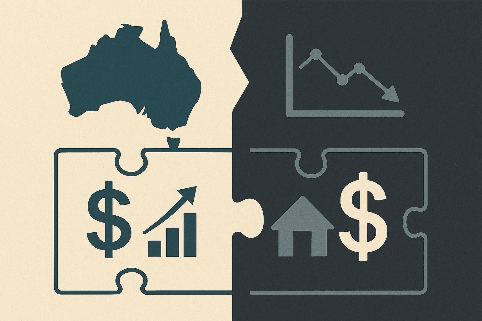 Illustration showing Australia divided into a visible and hidden economy with puzzle pieces, charts and dollar symbols