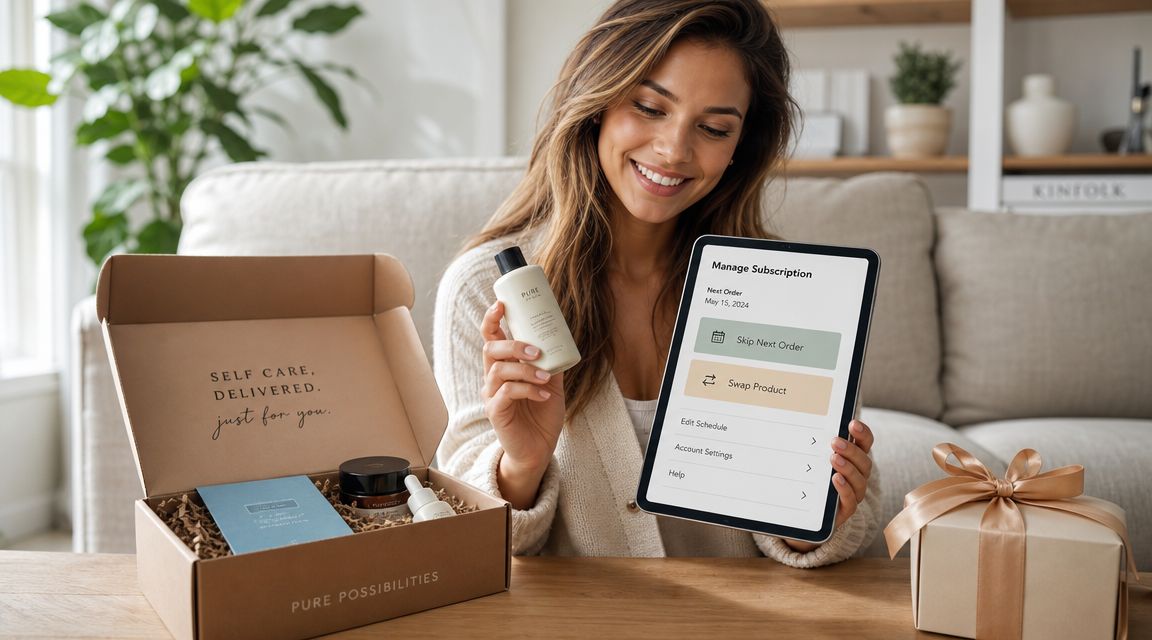 A woman smiling while holding a tablet showing a subscription management interface next to a beauty gift box.