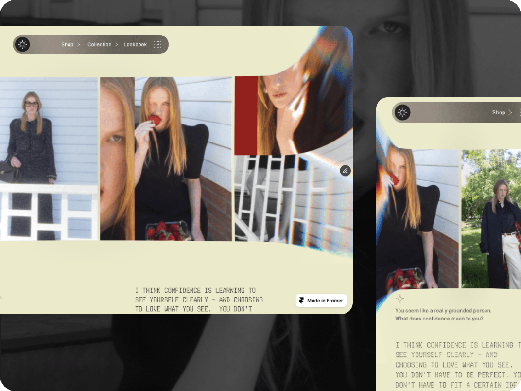 Interactive fashion editorial website shown on desktop and mobile screens