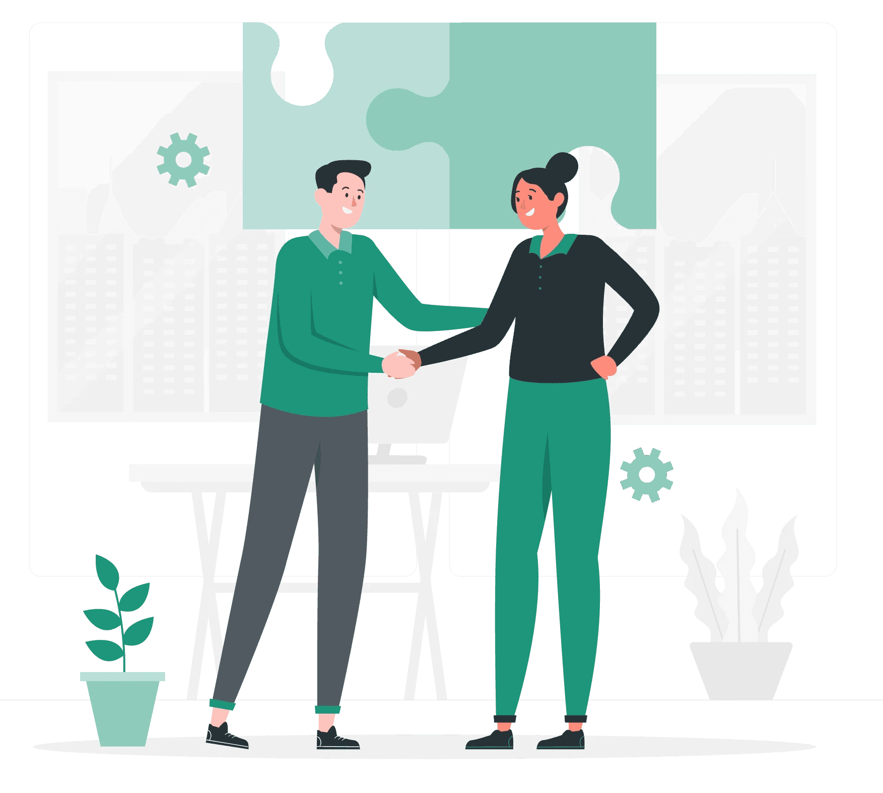 Illustration of two professionals shaking hands, symbolizing collaboration and partnership with CaseWhen Consulting for Power BI consulting and business intelligence services.