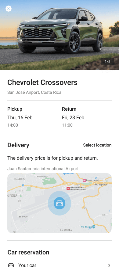 FlynCar app screen showing a Chevrolet Crossovers listing with pickup and return dates, delivery location options, and vehicle details at San José Airport, Costa Rica.