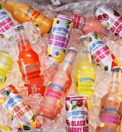Seagrams bottles and fruit campaign still