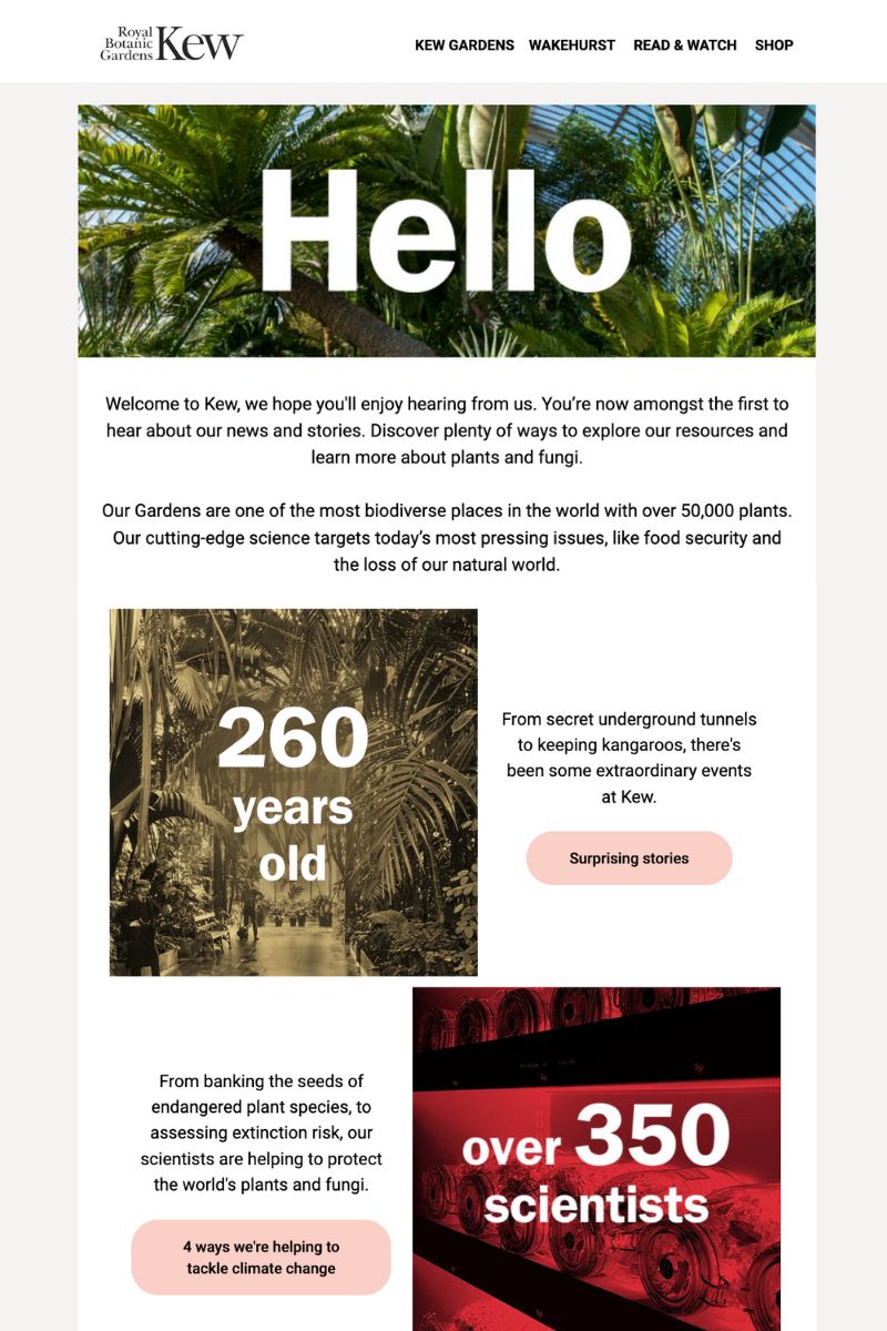 Kew Gardens welcome email