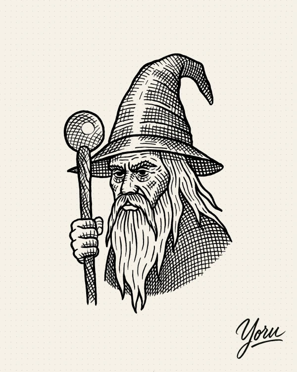 Diseño de tatuaje de un mago con sombrero puntiagudo, barba larga y un báculo mágico, en estilo de grabado.