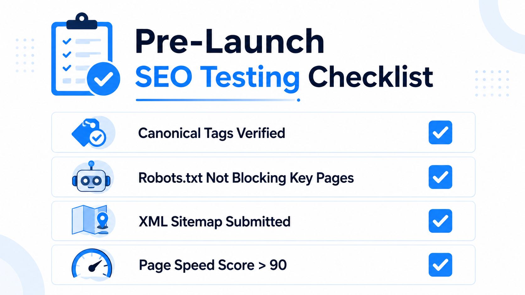 A pre-launch SEO testing checklist infographic featuring four checked items including canonical tags, robots.txt, sitemaps, and page speed.