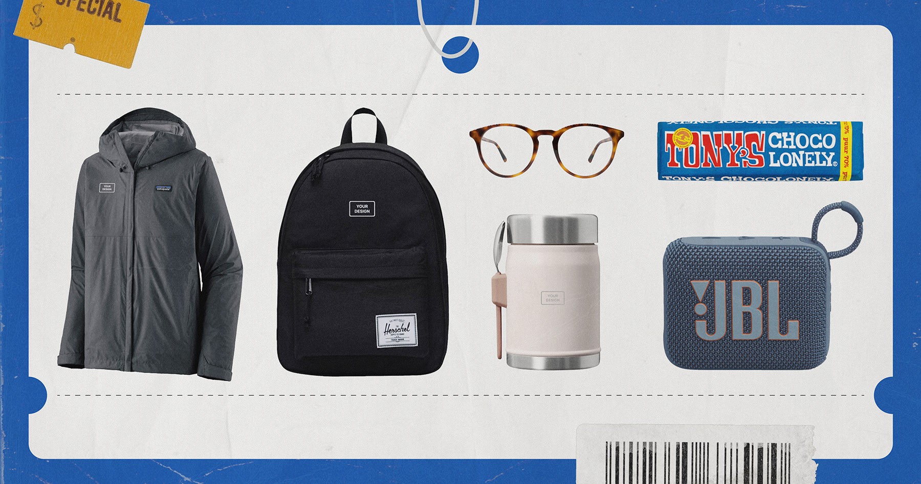 Collezione di idee regalo brandizzate con una giacca, zaino, occhiali, barretta di cioccolato, barattolo isolato e altoparlante portatile JBL.