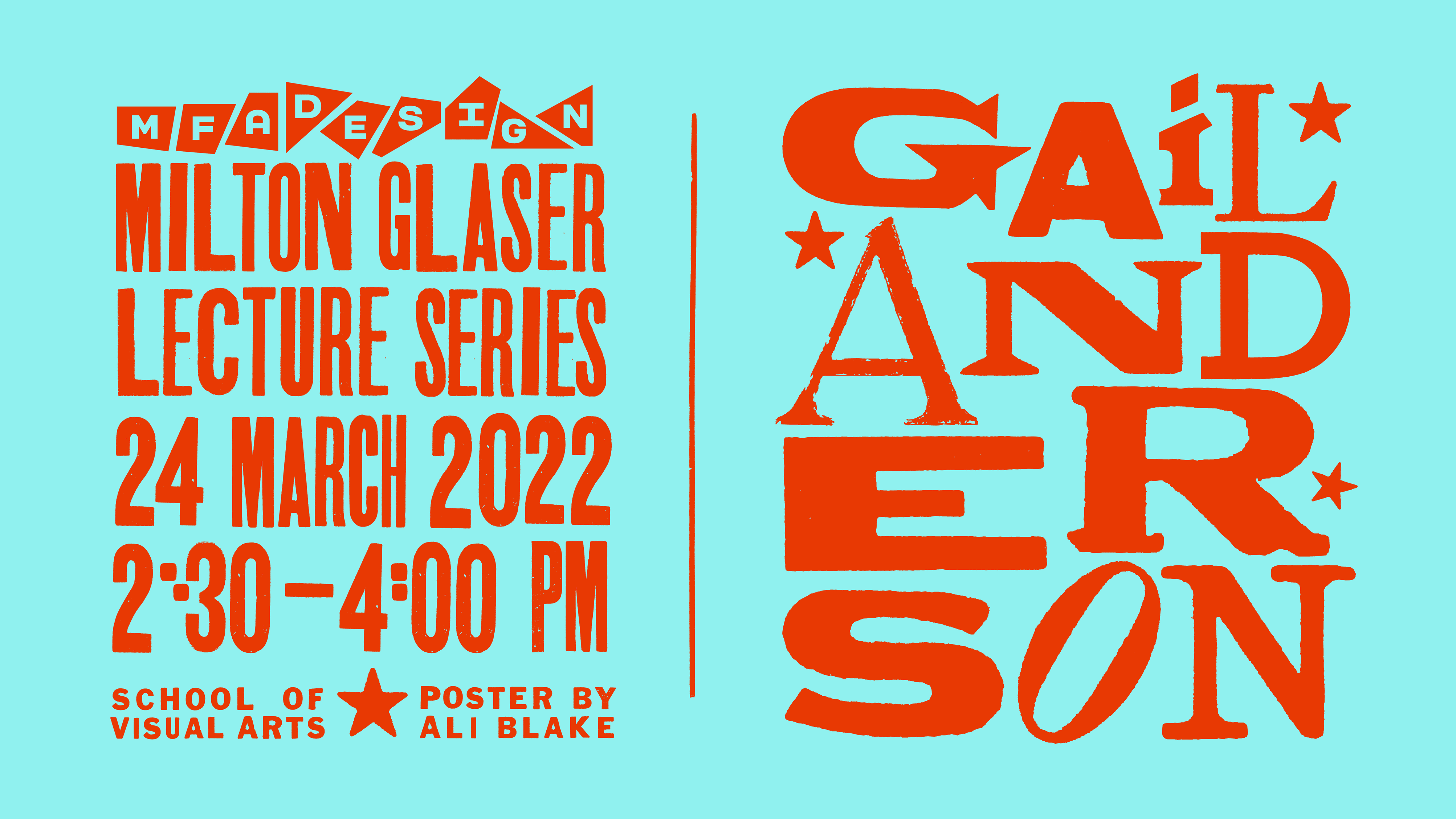 Milton Glaser's lecture poster wrote in red on cyan background