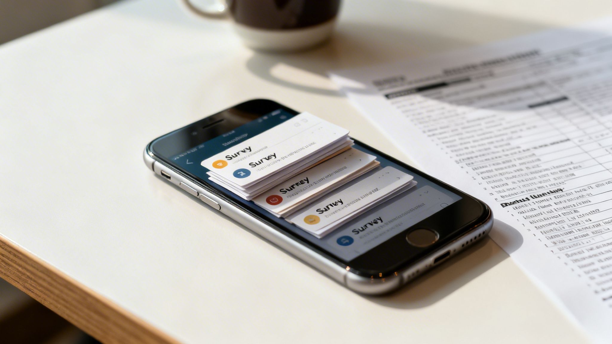 A smartphone displays a stack of digital survey cards on a white table next to a document and a coffee mug.