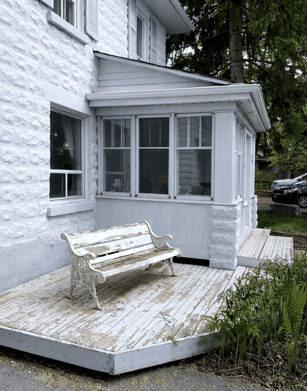 Before painting worn exterior porch and bench Vancouver