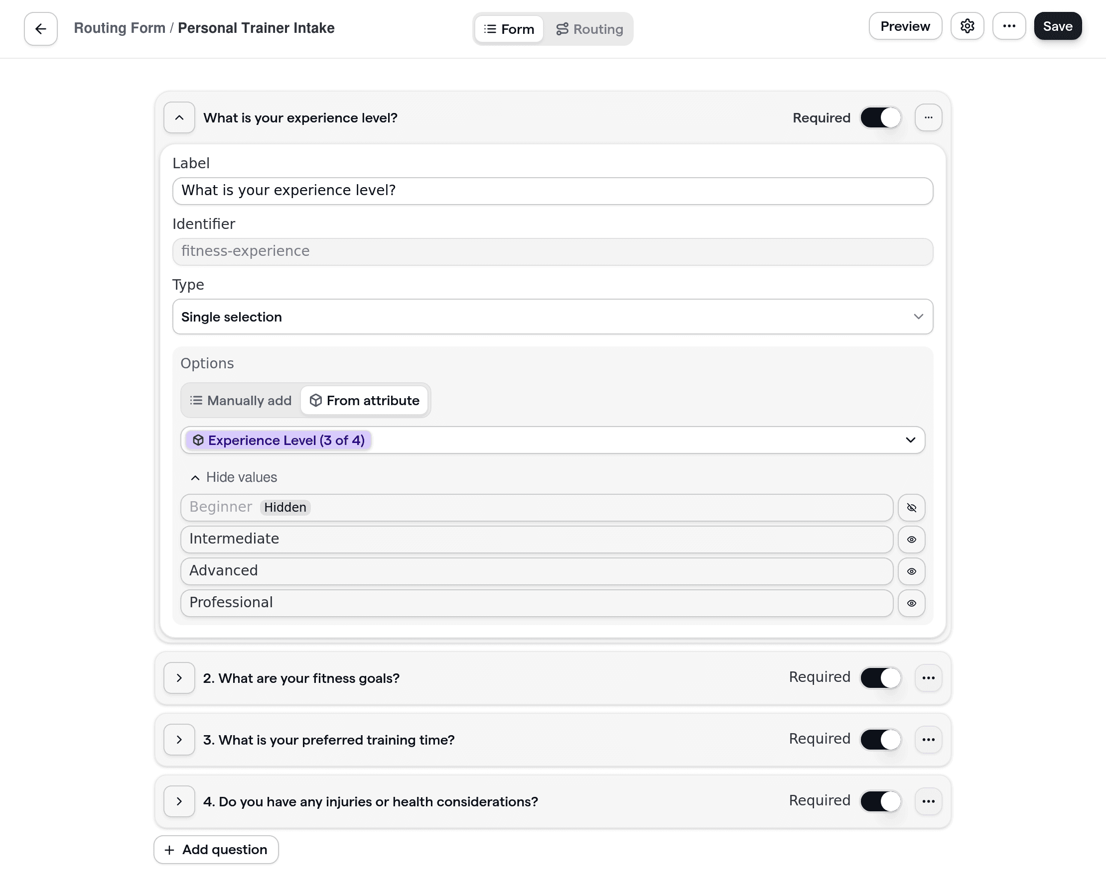 Personal trainer routing form showing custom intake questions about fitness goals, preferred session times, and experience level.