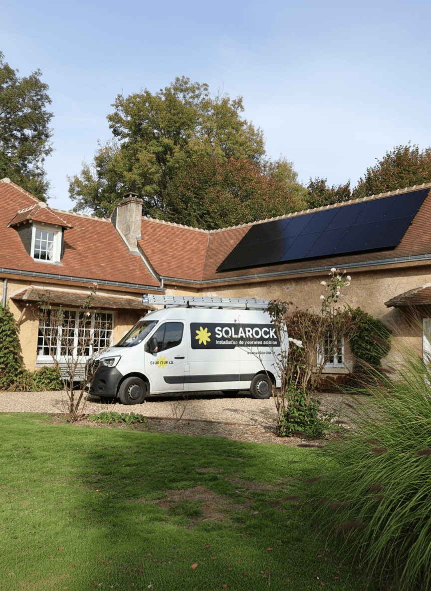 Photo du camion Solarock devant une maison de vacance où des panneaux solaires ont été installés sur le toit