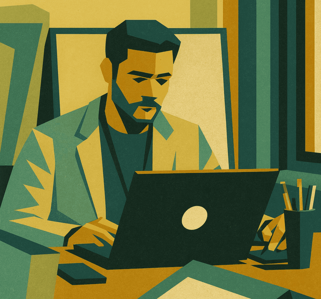 una persona al lavoro alla scrivania con diversi dispositivi - un laptop, un monitor desktop e quello che sembra essere un tablet o uno schermo secondario. 