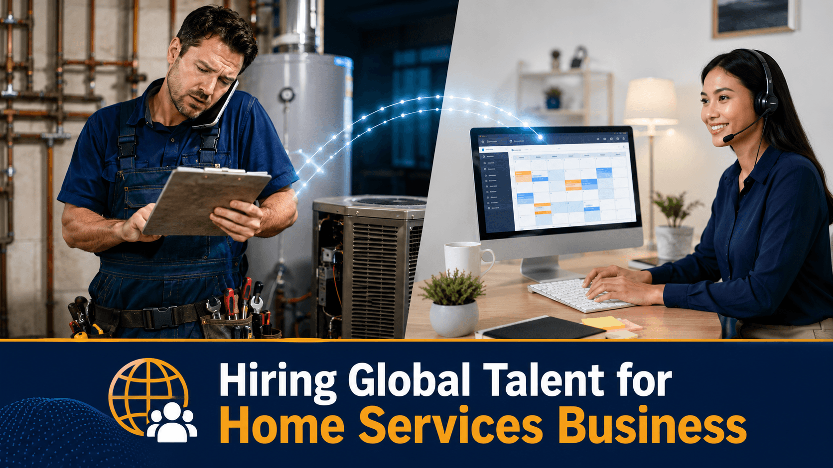home service owner reviewing CRM with remote staff
