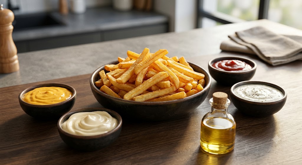 A rustic wooden table features a central bowl of golden French fries surrounded by four dark ceramic bowls with various dipping sauces (ketchup, mustard, mayonnaise, herb aioli) and a small glass bottle of oil.