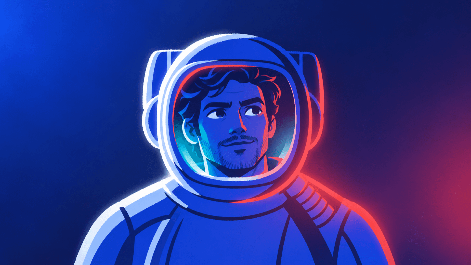 Illustrated astronaut in a helmet, outlined in blue, cyan and orange light against a deep blue background.