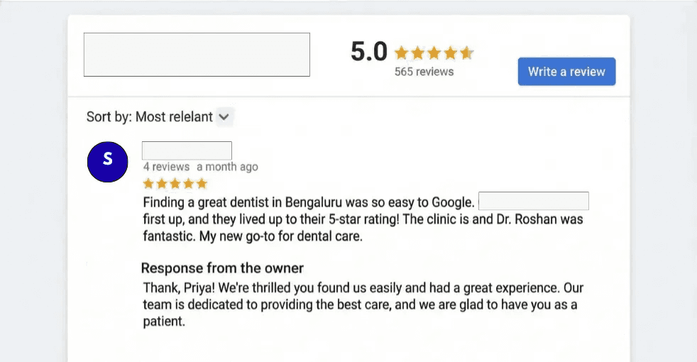 Orion Dental Studio Google Reviews section showing 5.0 star rating from 565 reviews with positive patient testimonials and professional owner responses demonstrating effective reputation management and local trust building